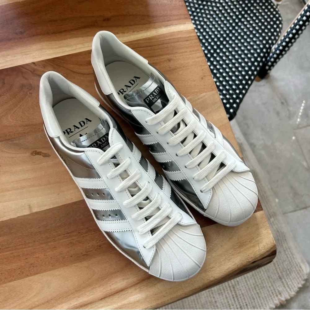 Prada White and Silver Low-Top Sneakers